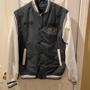Seven Souls Gray and White Game On Varsity Bomber Jacket with Controller Graphic